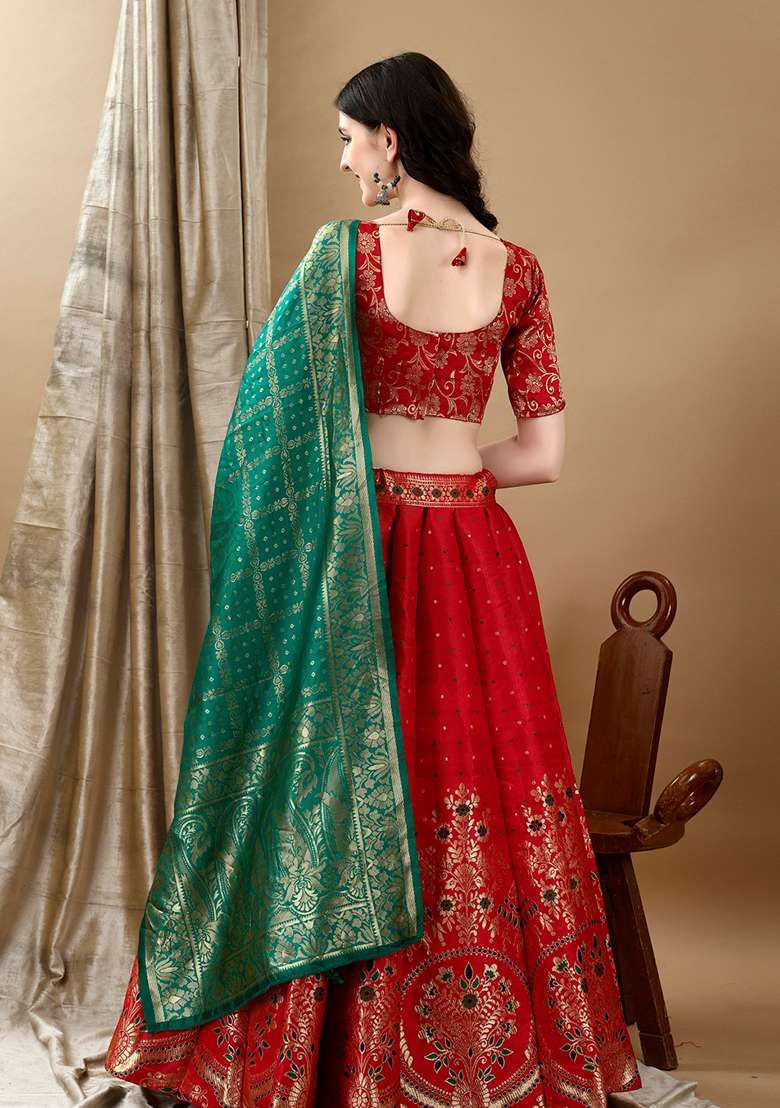Red Embroidery Soft Jacquard Lehenga Set With Dupatta for Diwali and Festive Wear - Indya