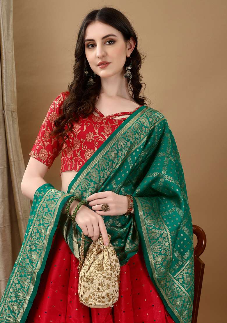 Red Embroidery Soft Jacquard Lehenga Set With Dupatta for Diwali and Festive Wear - Indya