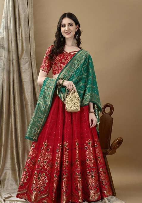 Red Embroidery Soft Jacquard Lehenga Set With Dupatta for Diwali and Festive Wear
