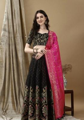 Black Embroidery Soft Jacquard Lehenga Set With Dupatta