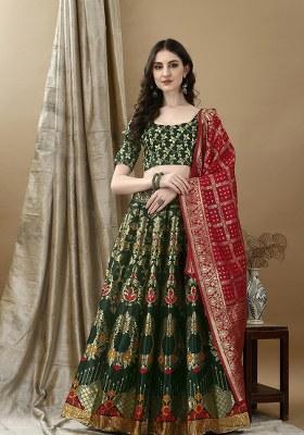 Green Embroidery Soft Jacquard Lehenga Set With Dupatta