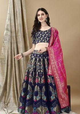 Navy Blue Embroidery Soft Jacquard Lehenga Set With Dupatta