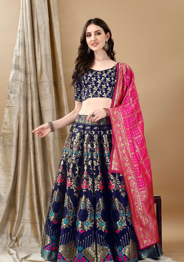 Navy Blue Soft With Dupatta Jacquard Lehenga Set with Embroidery for Diwali | Wedding & Festive Wear - Indya