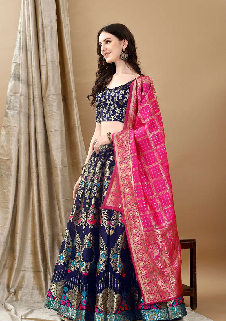 Navy Blue Soft With Dupatta Jacquard Lehenga Set with Embroidery for Diwali | Wedding & Festive Wear - Indya