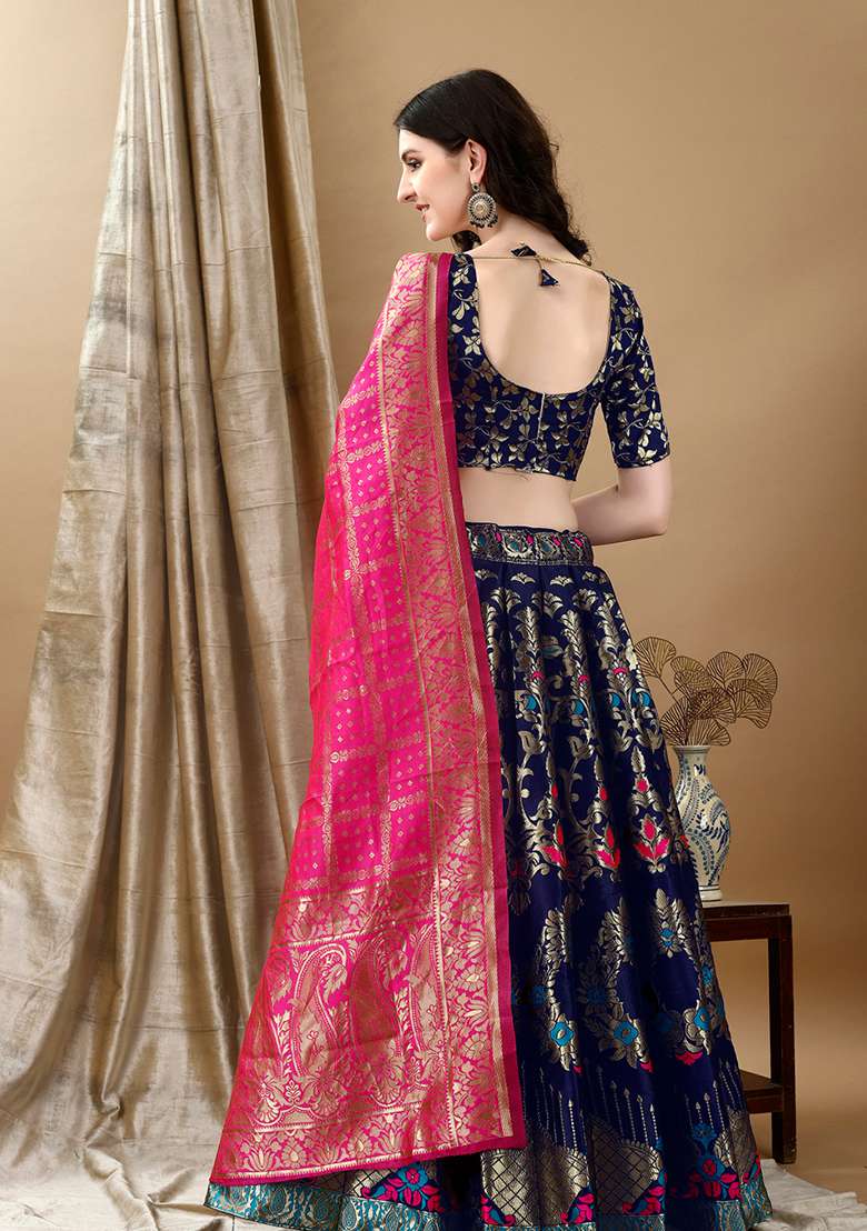 Navy Blue Soft With Dupatta Jacquard Lehenga Set with Embroidery for Diwali | Wedding & Festive Wear - Indya
