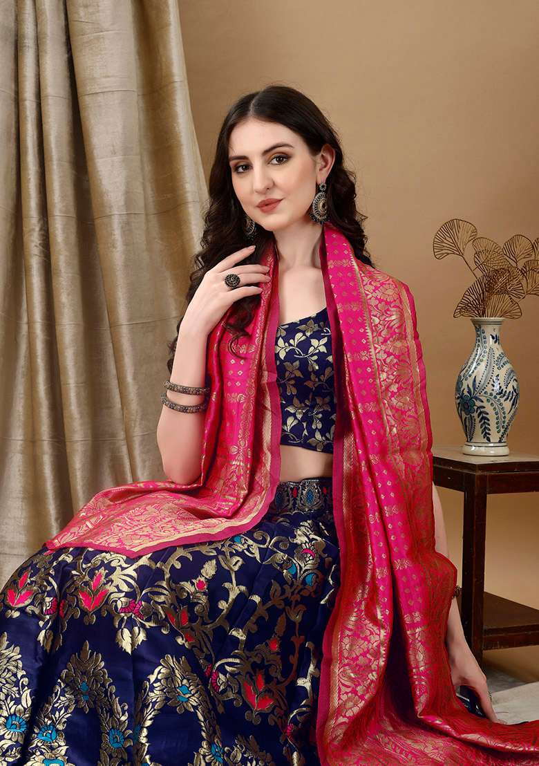 Navy Blue Soft With Dupatta Jacquard Lehenga Set with Embroidery for Diwali | Wedding & Festive Wear - Indya