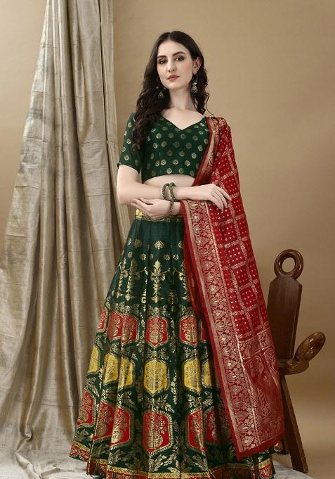Green Embroidery Soft Jacquard Lehenga Set With Dupatta