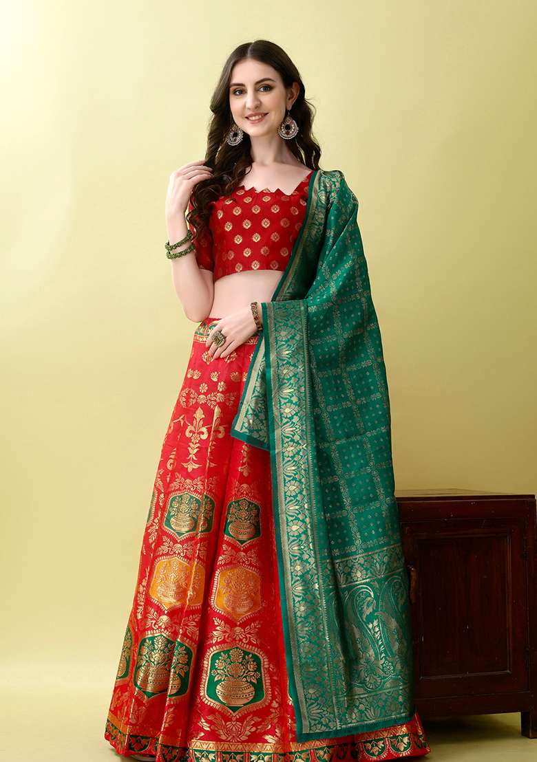 Red Soft With Dupatta Jacquard Lehenga Set with Embroidery for Diwali | Wedding & Festive Wear - Indya