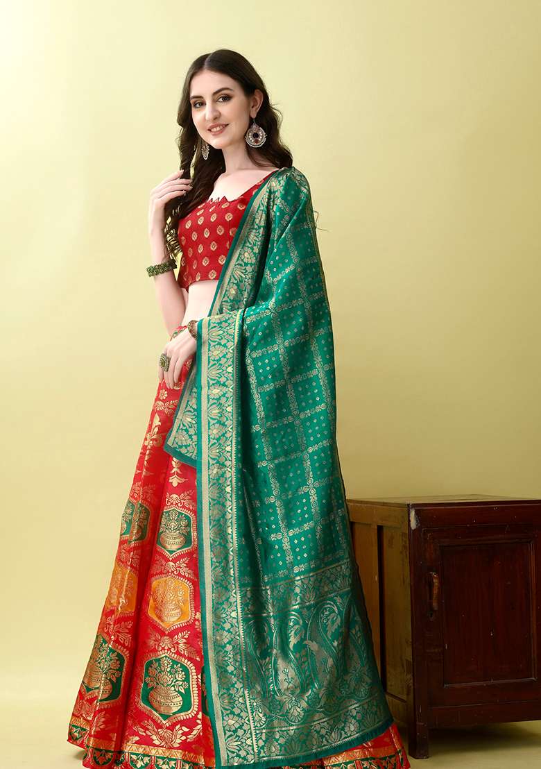 Red Soft With Dupatta Jacquard Lehenga Set with Embroidery for Diwali | Wedding & Festive Wear - Indya
