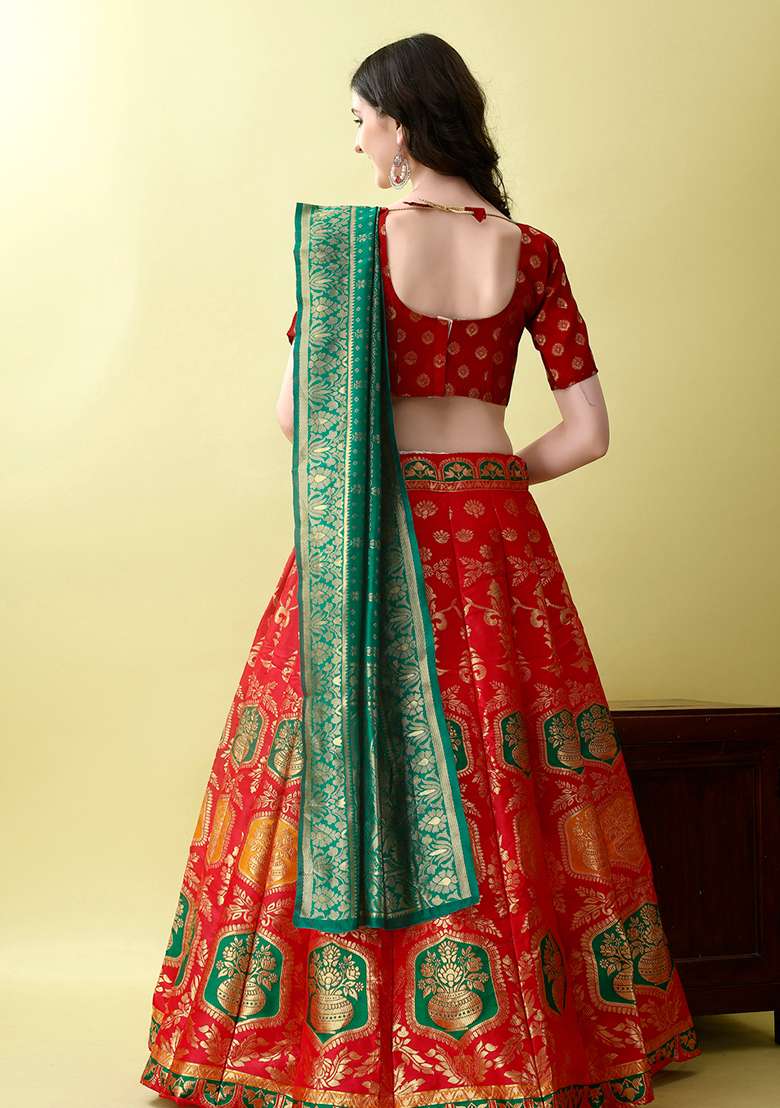 Red Soft With Dupatta Jacquard Lehenga Set with Embroidery for Diwali | Wedding & Festive Wear - Indya