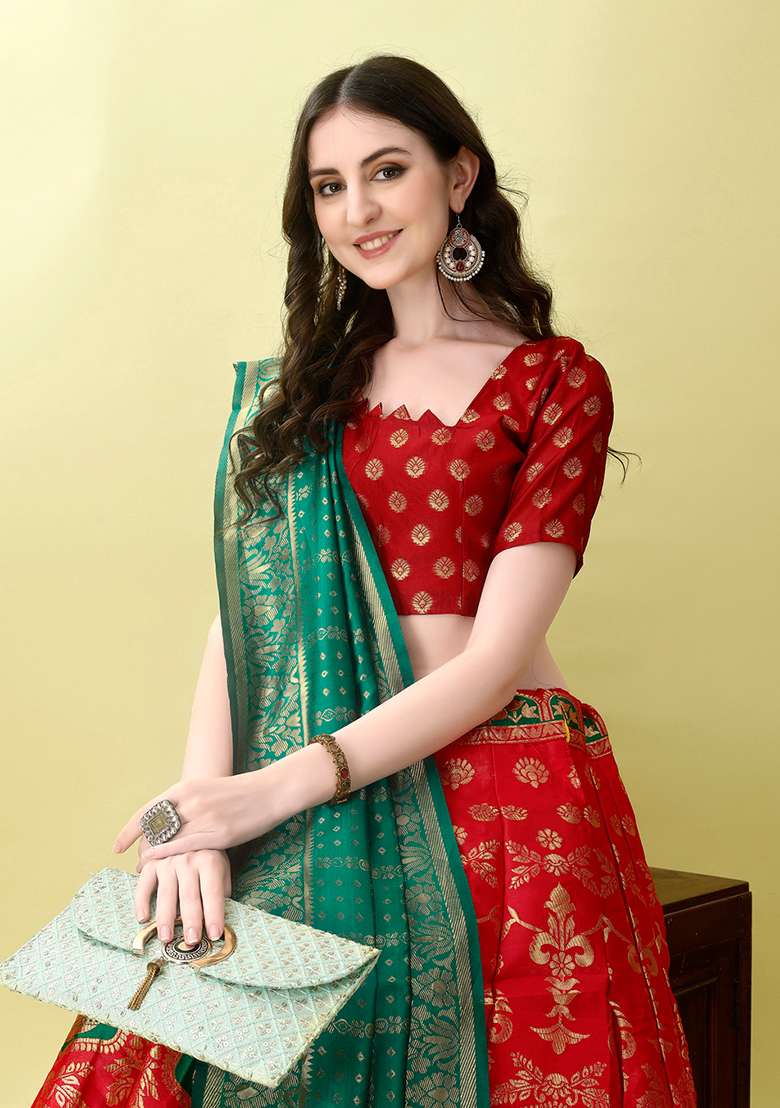 Red Soft With Dupatta Jacquard Lehenga Set with Embroidery for Diwali | Wedding & Festive Wear - Indya