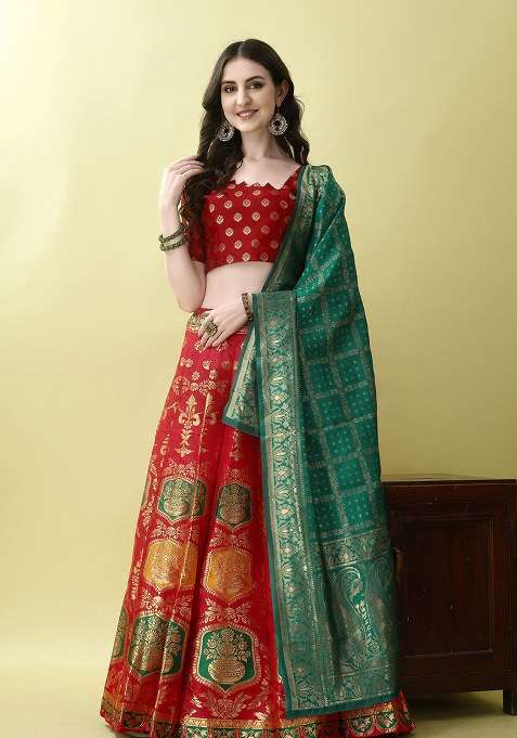 Red Soft With Dupatta Jacquard Lehenga Set with Embroidery for Diwali | Wedding & Festive Wear
