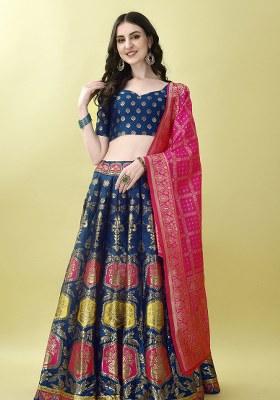 Teal Embroidery Soft Jacquard Lehenga Set With Dupatta