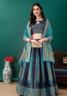 Navy Blue Embroidery Soft Jacquard Lehenga Set With Dupatta