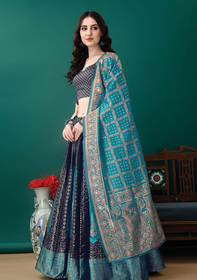Navy Blue Soft With Dupatta Jacquard Lehenga Set with Embroidery for Diwali | Wedding & Festive Wear - Indya