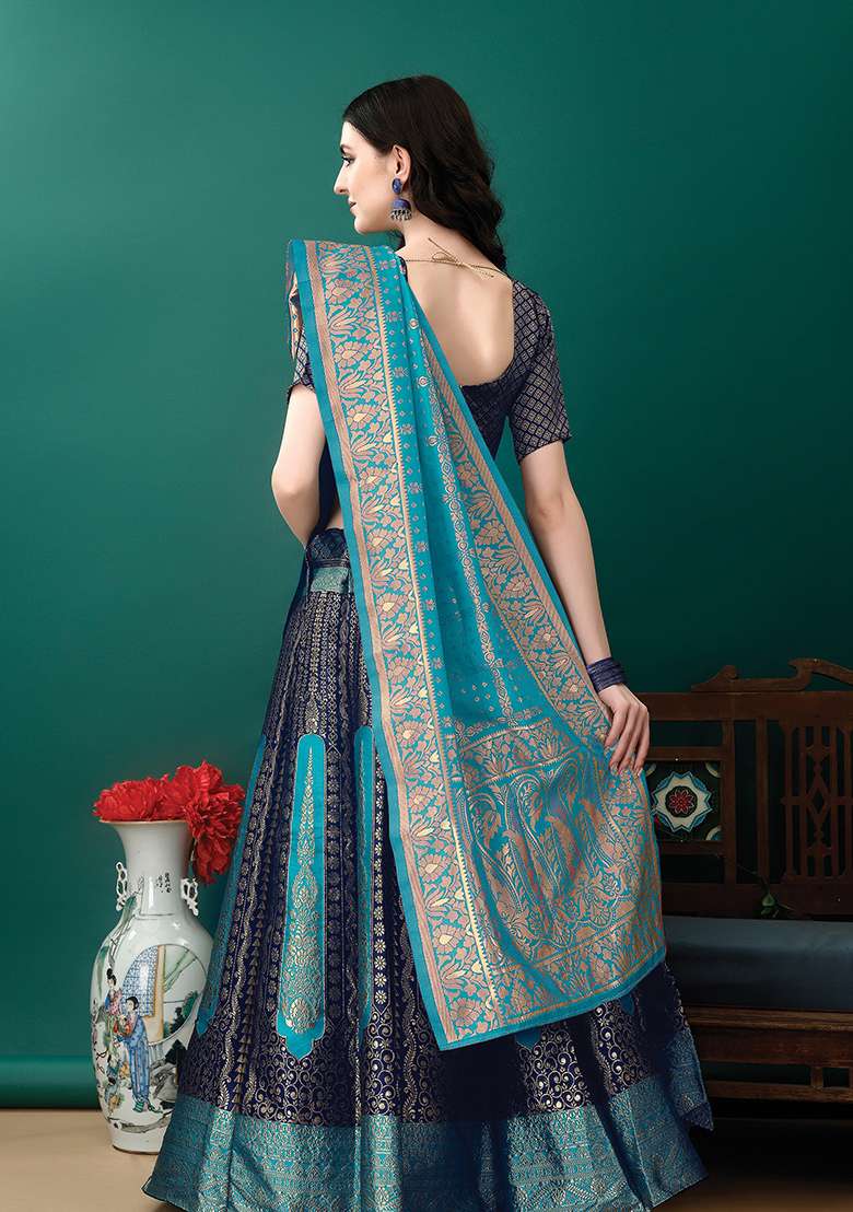 Navy Blue Soft With Dupatta Jacquard Lehenga Set with Embroidery for Diwali | Wedding & Festive Wear - Indya