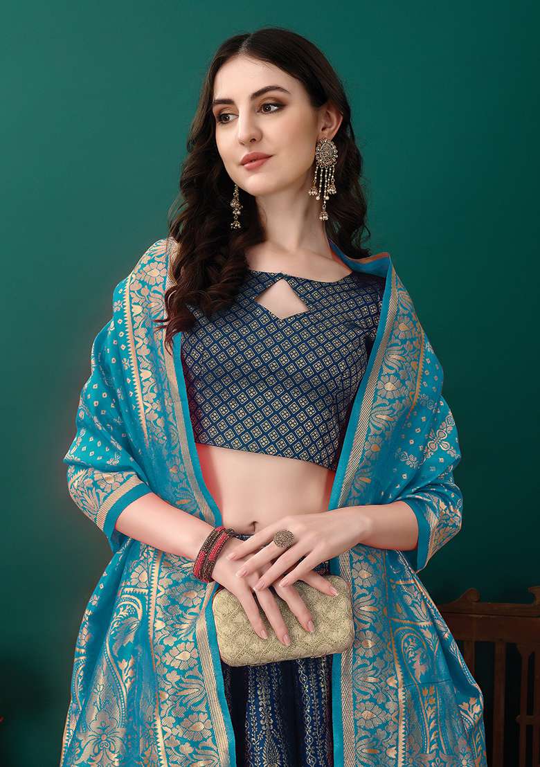 Navy Blue Soft With Dupatta Jacquard Lehenga Set with Embroidery for Diwali | Wedding & Festive Wear - Indya
