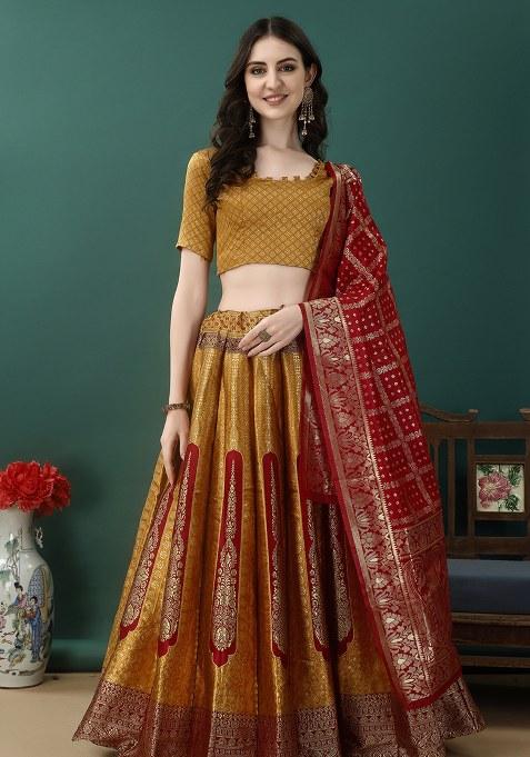 Mustard Embroidery Soft Jacquard Lehenga Set With Dupatta