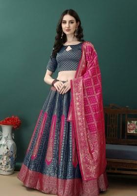 Teal Embroidery Soft Jacquard Lehenga Set With Dupatta