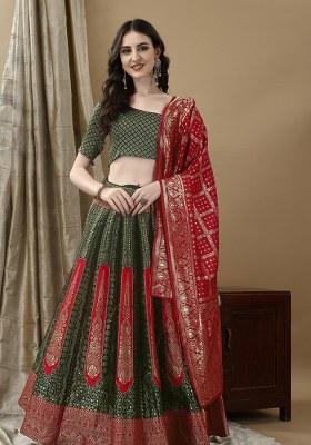 Green Embroidery Soft Jacquard Lehenga Set With Dupatta