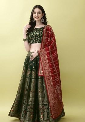 Green Embroidery Soft Jacquard Lehenga Set With Dupatta