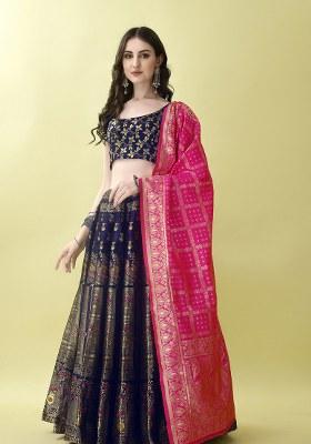 Navy Blue Embroidery Soft Jacquard Lehenga Set With Dupatta