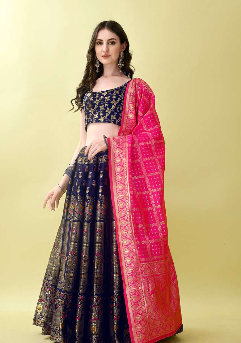 Navy Blue Embroidery Soft Jacquard Lehenga Set With Dupatta for Diwali and Festive Wear - Indya