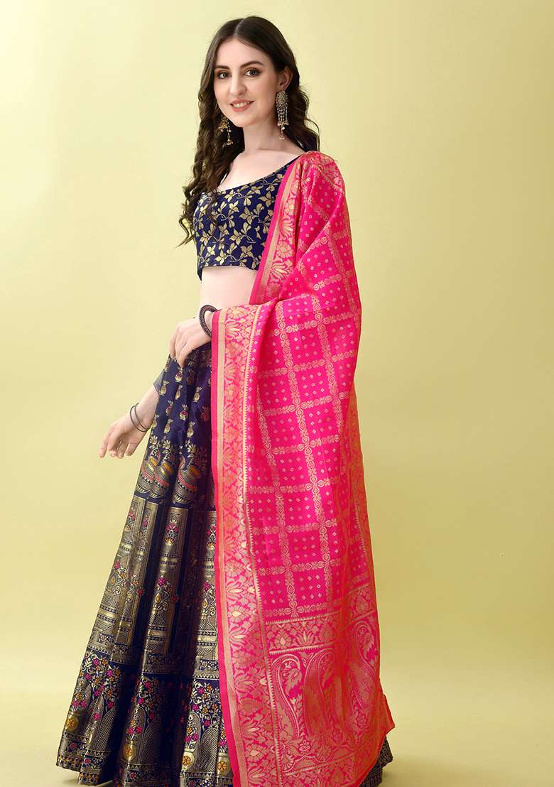 Navy Blue Embroidery Soft Jacquard Lehenga Set With Dupatta for Diwali and Festive Wear - Indya