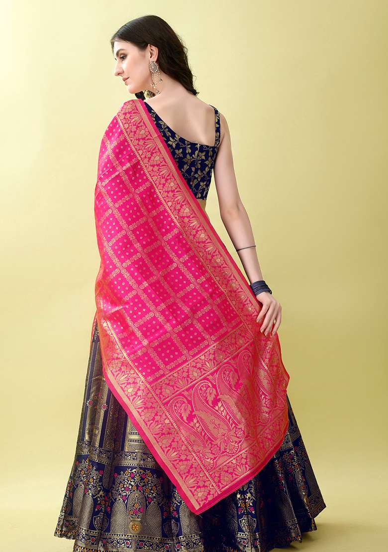 Navy Blue Embroidery Soft Jacquard Lehenga Set With Dupatta for Diwali and Festive Wear - Indya