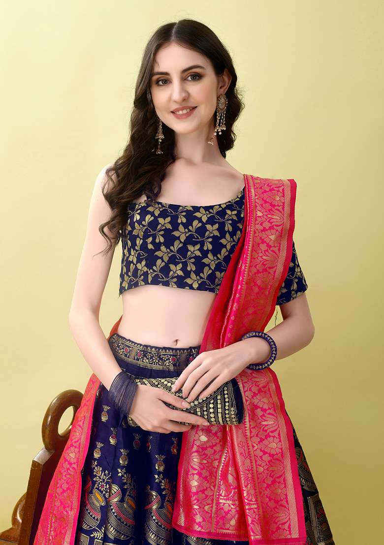 Navy Blue Embroidery Soft Jacquard Lehenga Set With Dupatta for Diwali and Festive Wear - Indya