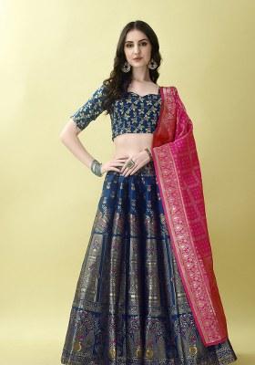 Teal Embroidery Soft Jacquard Lehenga Set With Dupatta