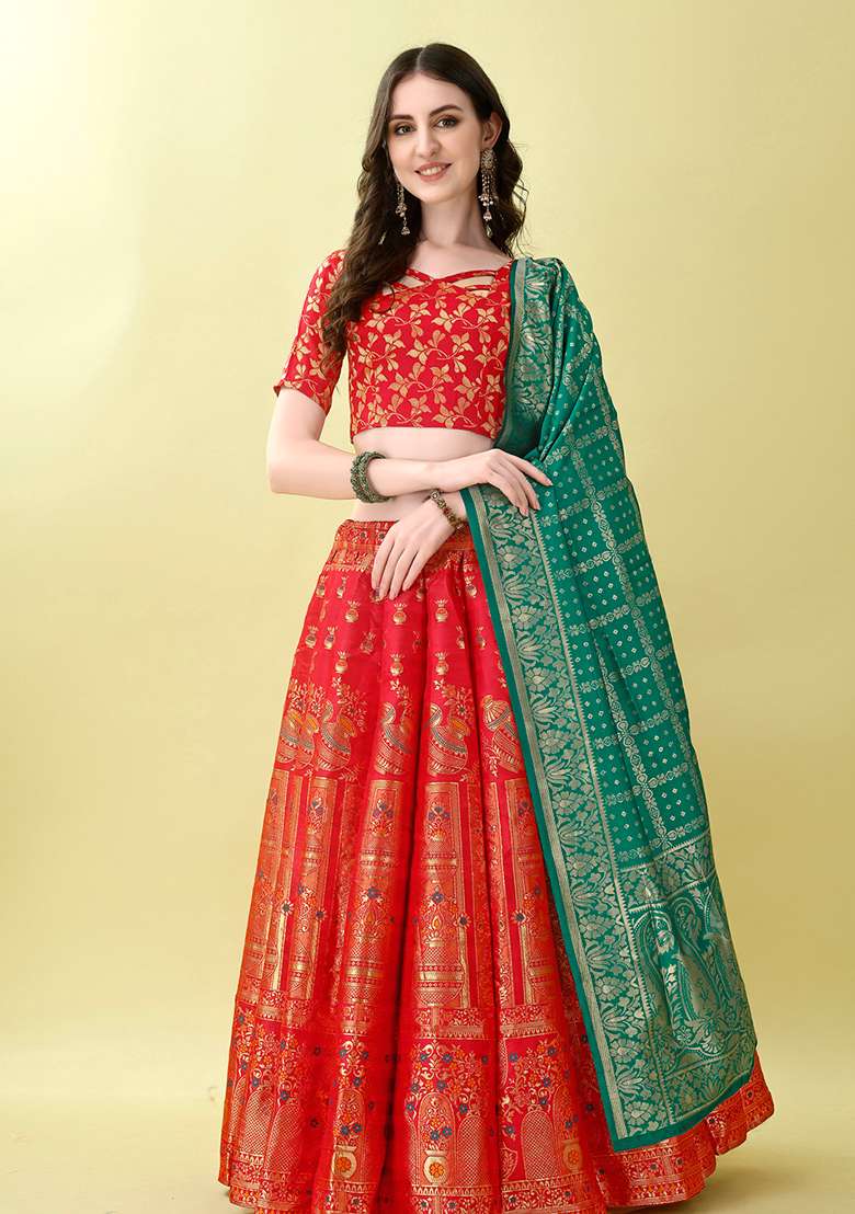 Red Embroidery Soft Jacquard Lehenga Set With Dupatta for Diwali and Festive Wear - Indya