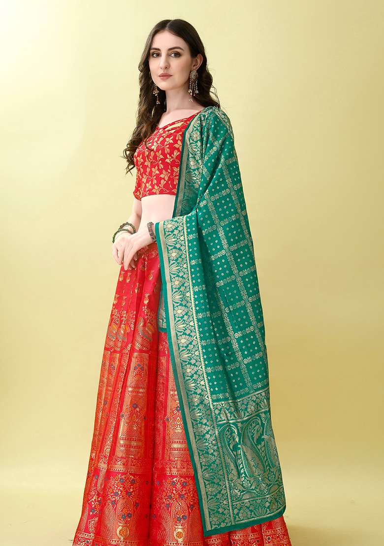 Red Embroidery Soft Jacquard Lehenga Set With Dupatta for Diwali and Festive Wear - Indya