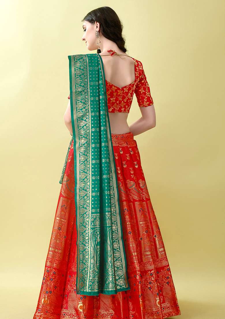Red Embroidery Soft Jacquard Lehenga Set With Dupatta for Diwali and Festive Wear - Indya