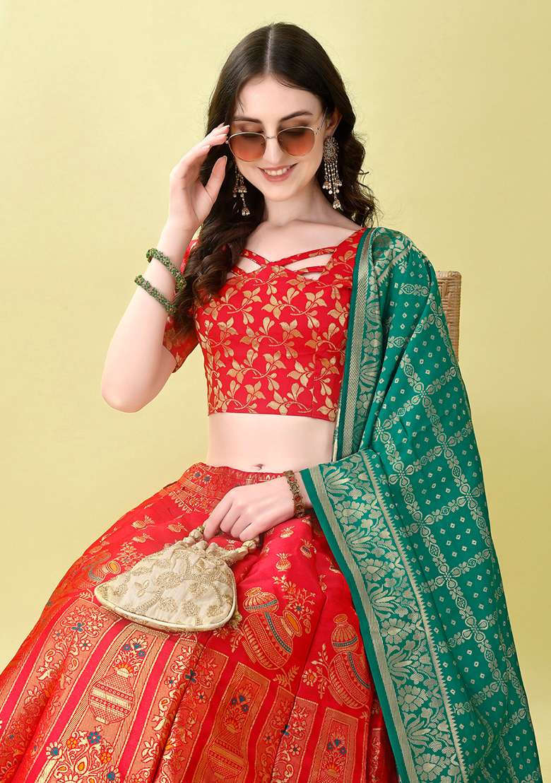 Red Embroidery Soft Jacquard Lehenga Set With Dupatta for Diwali and Festive Wear - Indya