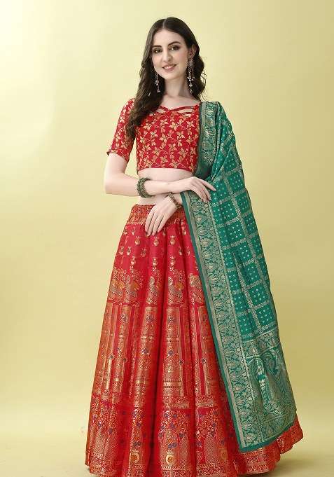 Red Embroidery Soft Jacquard Lehenga Set With Dupatta for Diwali and Festive Wear