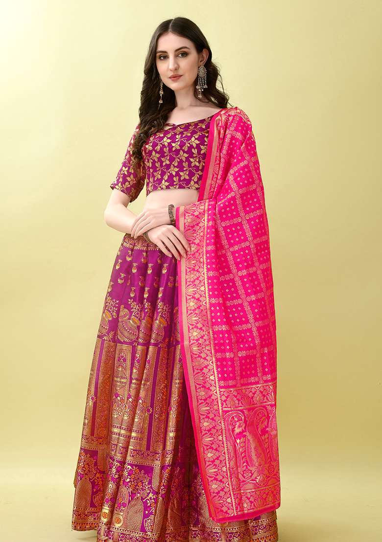 Purple Embroidery Soft Jacquard Lehenga Set With Dupatta for Diwali and Festive Wear - Indya