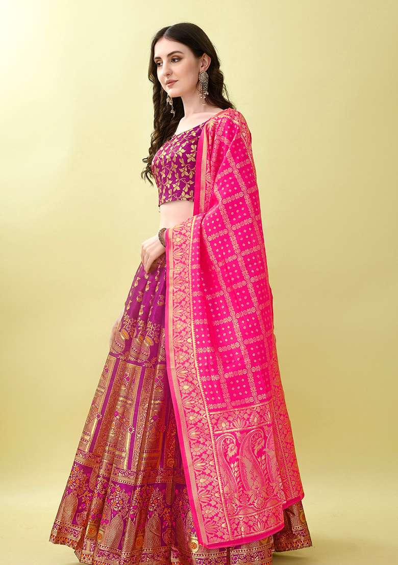 Purple Embroidery Soft Jacquard Lehenga Set With Dupatta for Diwali and Festive Wear - Indya