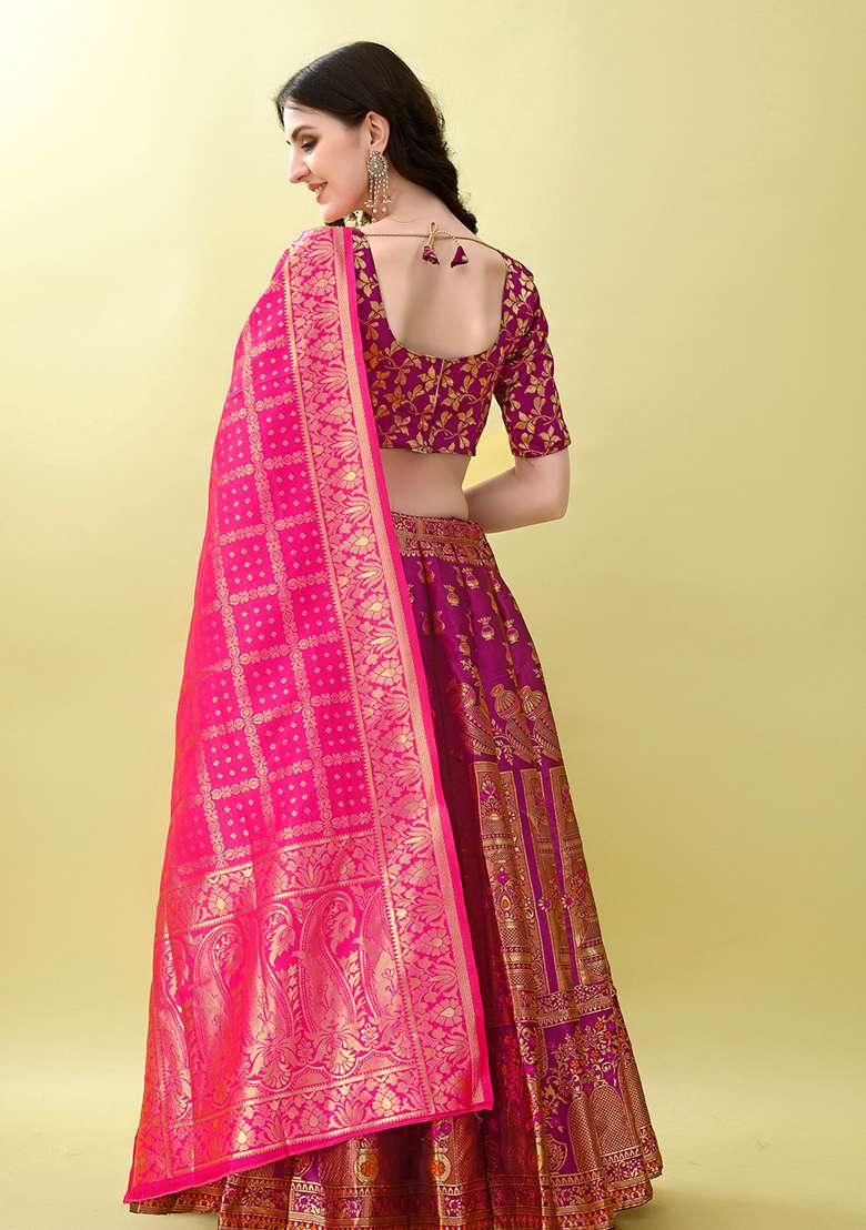 Purple Embroidery Soft Jacquard Lehenga Set With Dupatta for Diwali and Festive Wear - Indya
