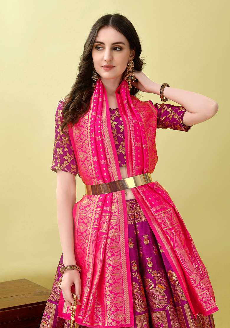 Purple Embroidery Soft Jacquard Lehenga Set With Dupatta for Diwali and Festive Wear - Indya