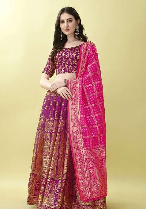 Purple Embroidery Soft Jacquard Lehenga Set With Dupatta for Diwali and Festive Wear