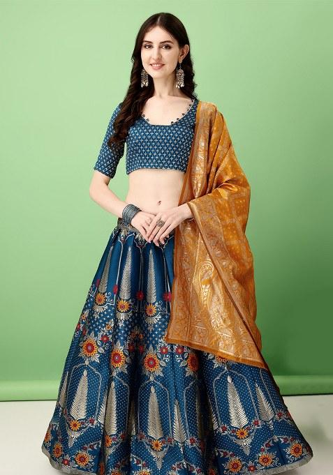 Teal Embroidery Soft Jacquard Lehenga Set With Dupatta