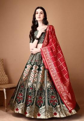 Green Embroidery Soft Jacquard Lehenga Set With Dupatta