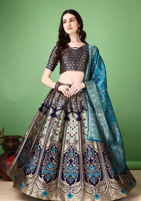 Navy Blue Embroidery Soft Jacquard Lehenga Set With Dupatta