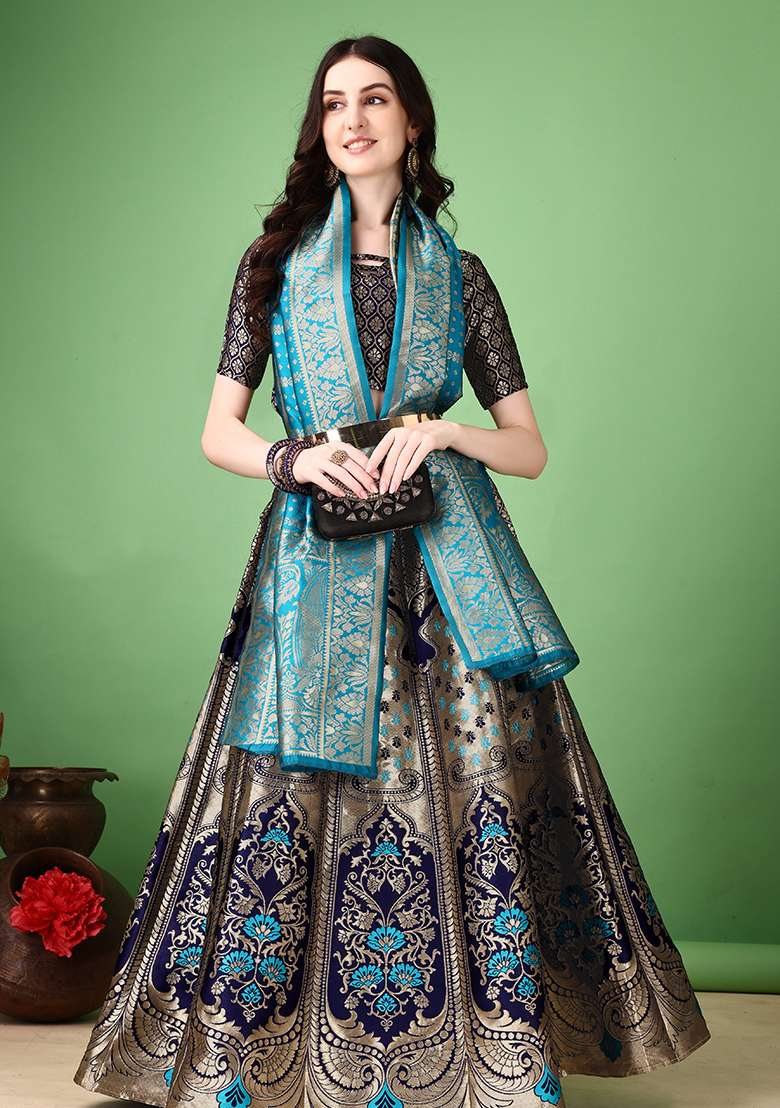Navy Blue Embroidery Soft Jacquard Lehenga Set With Dupatta for Diwali and Festive Wear - Indya