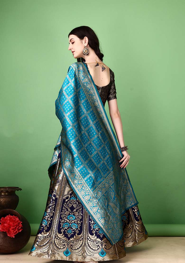Navy Blue Embroidery Soft Jacquard Lehenga Set With Dupatta for Diwali and Festive Wear - Indya