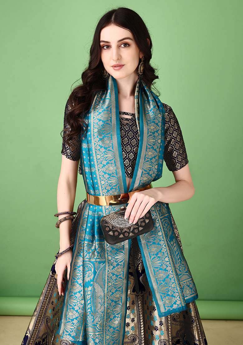 Navy Blue Embroidery Soft Jacquard Lehenga Set With Dupatta for Diwali and Festive Wear - Indya