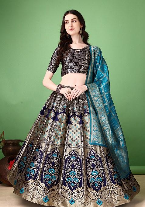 Navy Blue Embroidery Soft Jacquard Lehenga Set With Dupatta