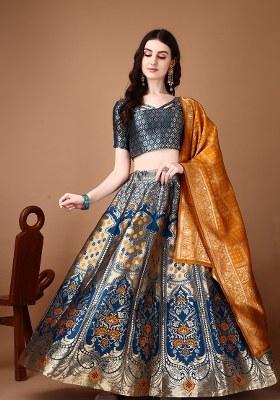 Teal Embroidery Soft Jacquard Lehenga Set With Dupatta