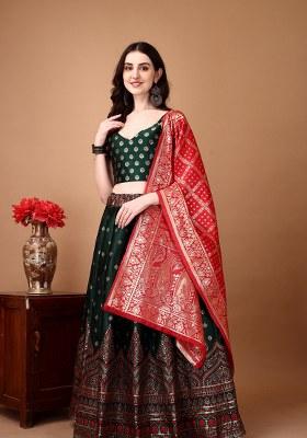 Green Embroidery Soft Jacquard Lehenga Set With Dupatta